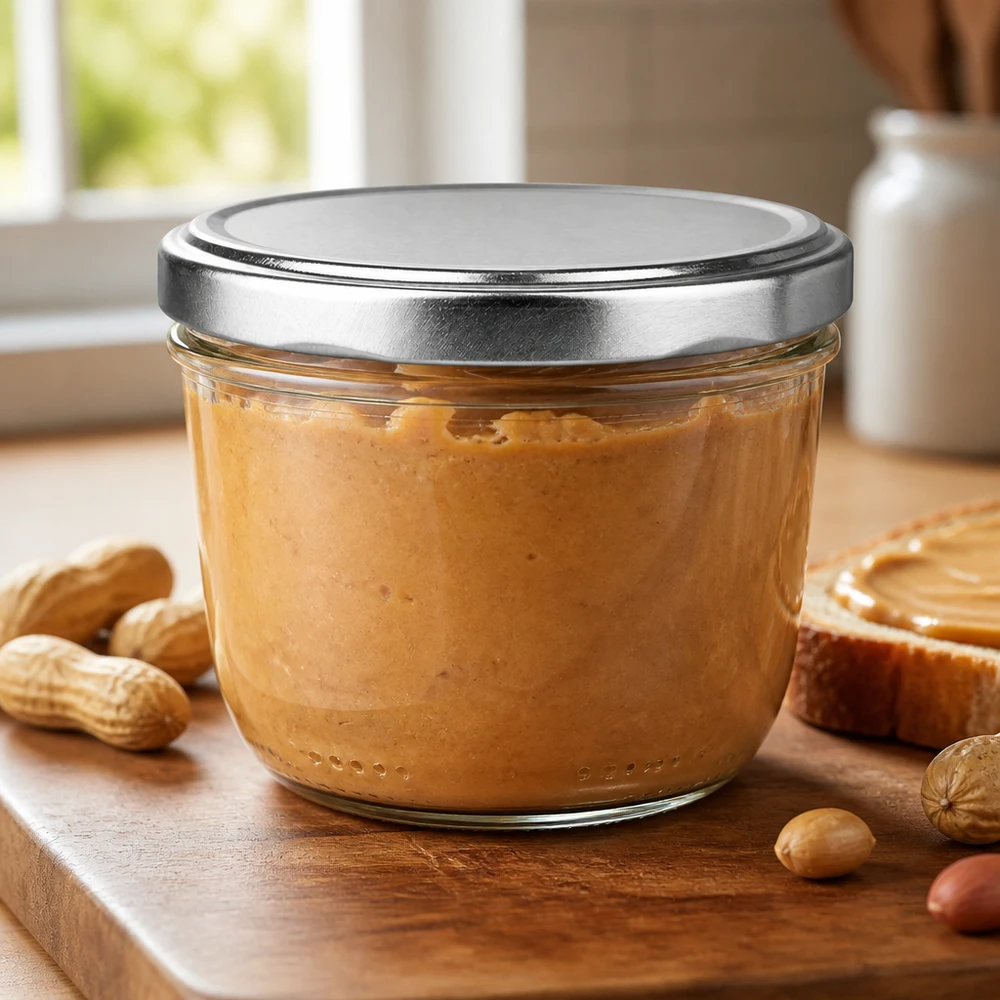 230ml bekers met BasicSeal deksel zilver UNiTWIST 230ml mason jar met zilveren BasicSeal deksel gevuld met pindakaas omringd door noten op een houten plank