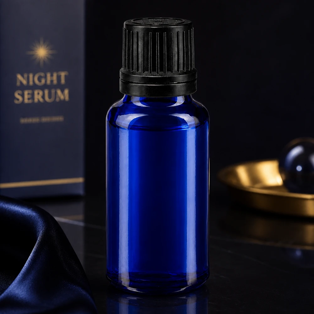 Blauw flesje van 20 ml met zwarte verzegeling, ideaal voor het afvullen van nachtserum