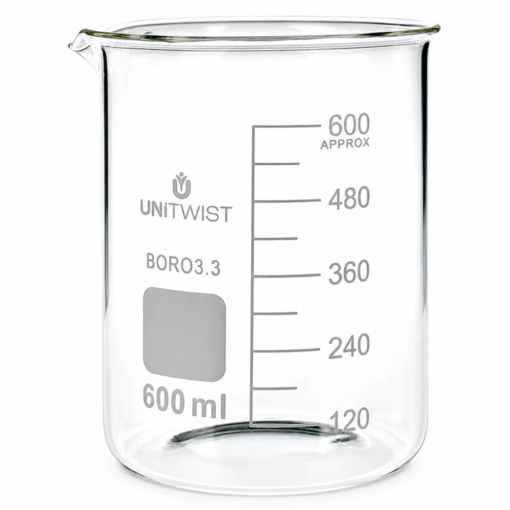 Doorzichtig bekerglas van borosilicaat 3.3, inhoud 600 ml, lage, stabiele vorm, laboratorium