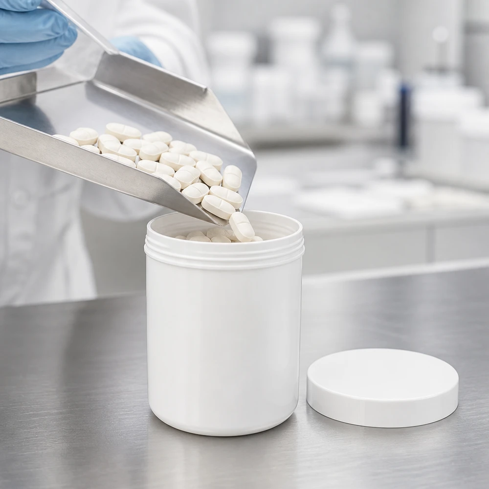 Voedselveilige PP-kruik met brede hals, 50 g, wit, met platte schroefdop voor vaste geneesmiddelen