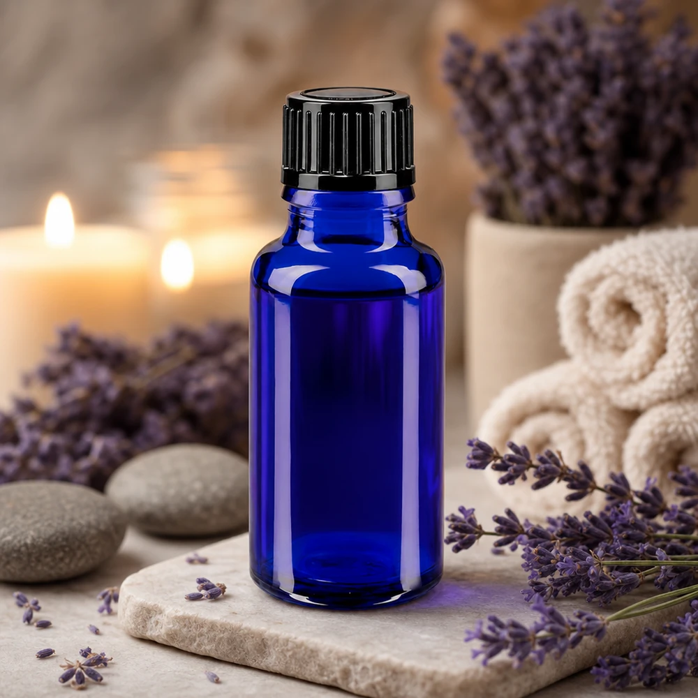 Blauwe glazen flessen 20ml met zwart druppelsluiting 1mm St Lichtbestendig blauw glazen flesje van 20 ml met precisiedruppelaar voor aromatherapie en wellness