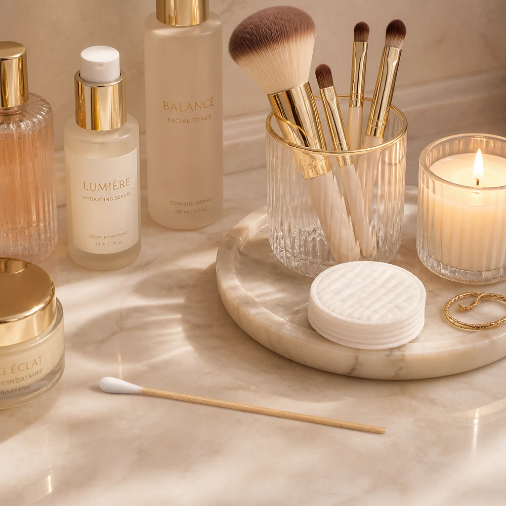 Een enkel, niet-steriel wattenstaafje op een marmeren oppervlak in een gouden cosmetica-arrangement met een kaars