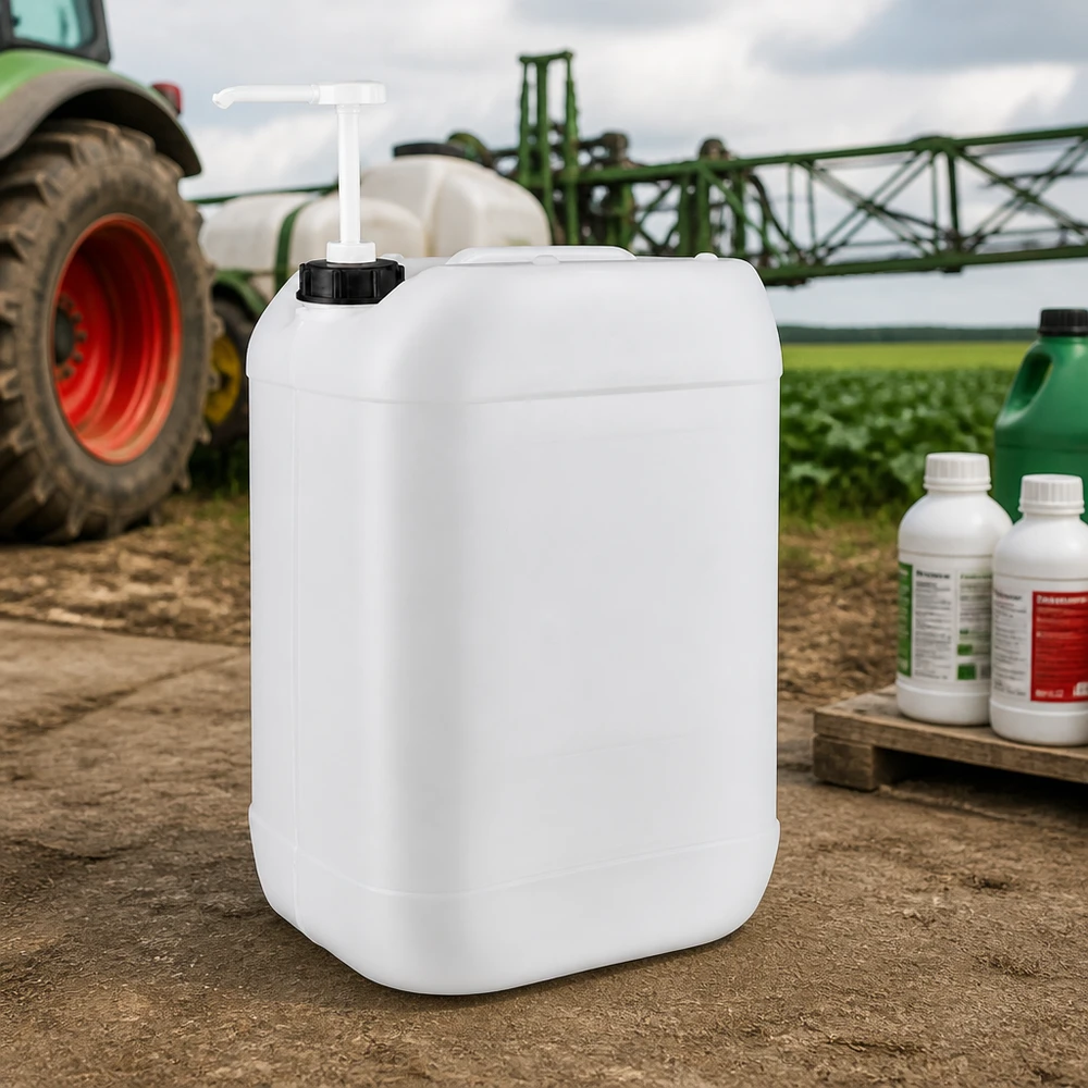 25l Jerrycan, UN-toelating, met doseerpomp Stevige veldjerrycan van 25 liter met witte doseerpomp voor gebruik in de landbouw
