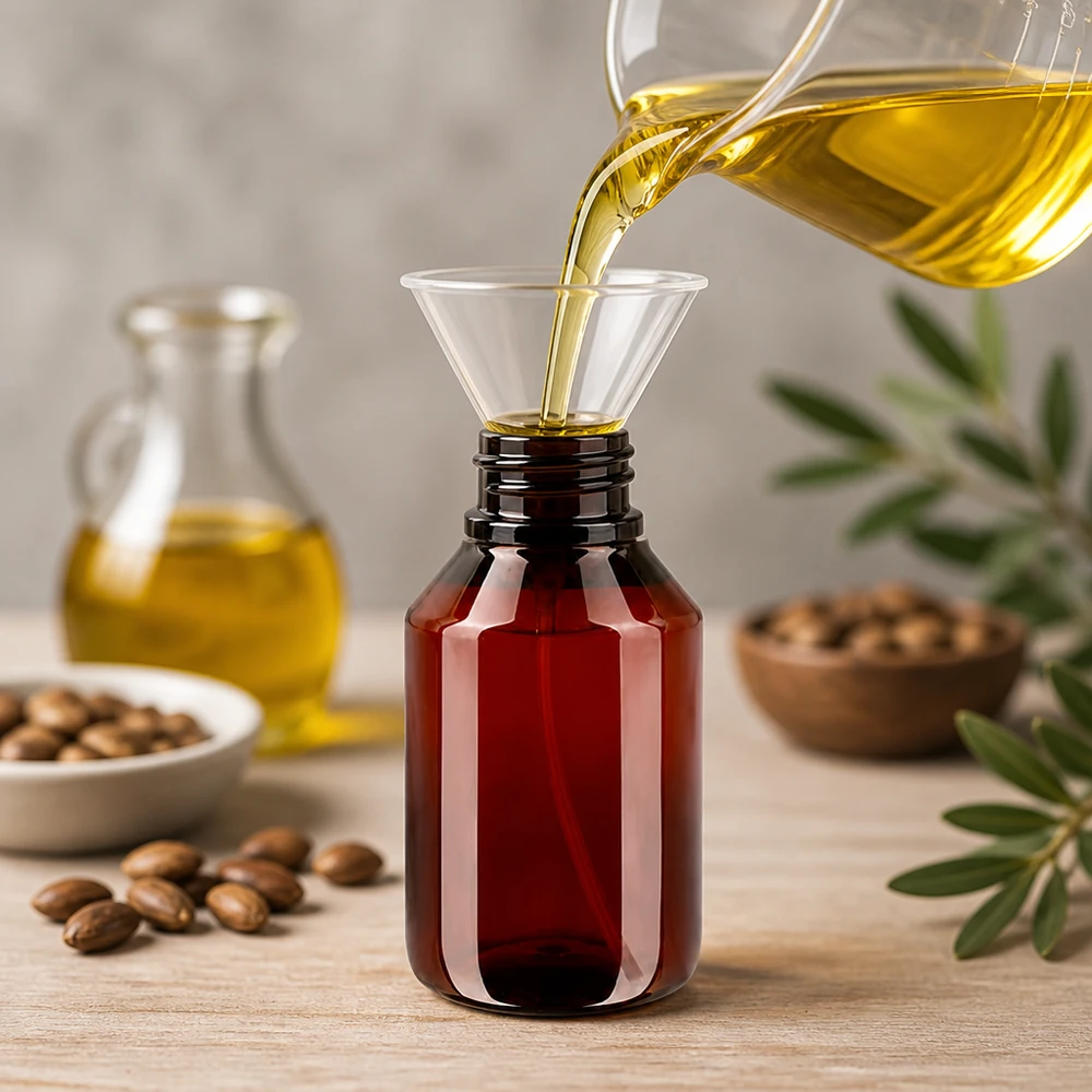 50 ml PET medicijnfles met verstuiver wit GCMI 28/410 incl. dop transparant, standaard Lichtschutz durch bernsteinfarbene 50ml PET Flasche ideal für empfindliche Öle