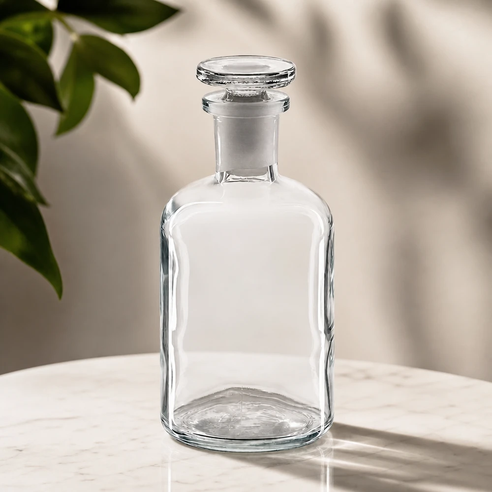 Decoratieve fles van helder glas, 100 ml, met ronde schouders en glazen stop, voor kamergeuren, helder