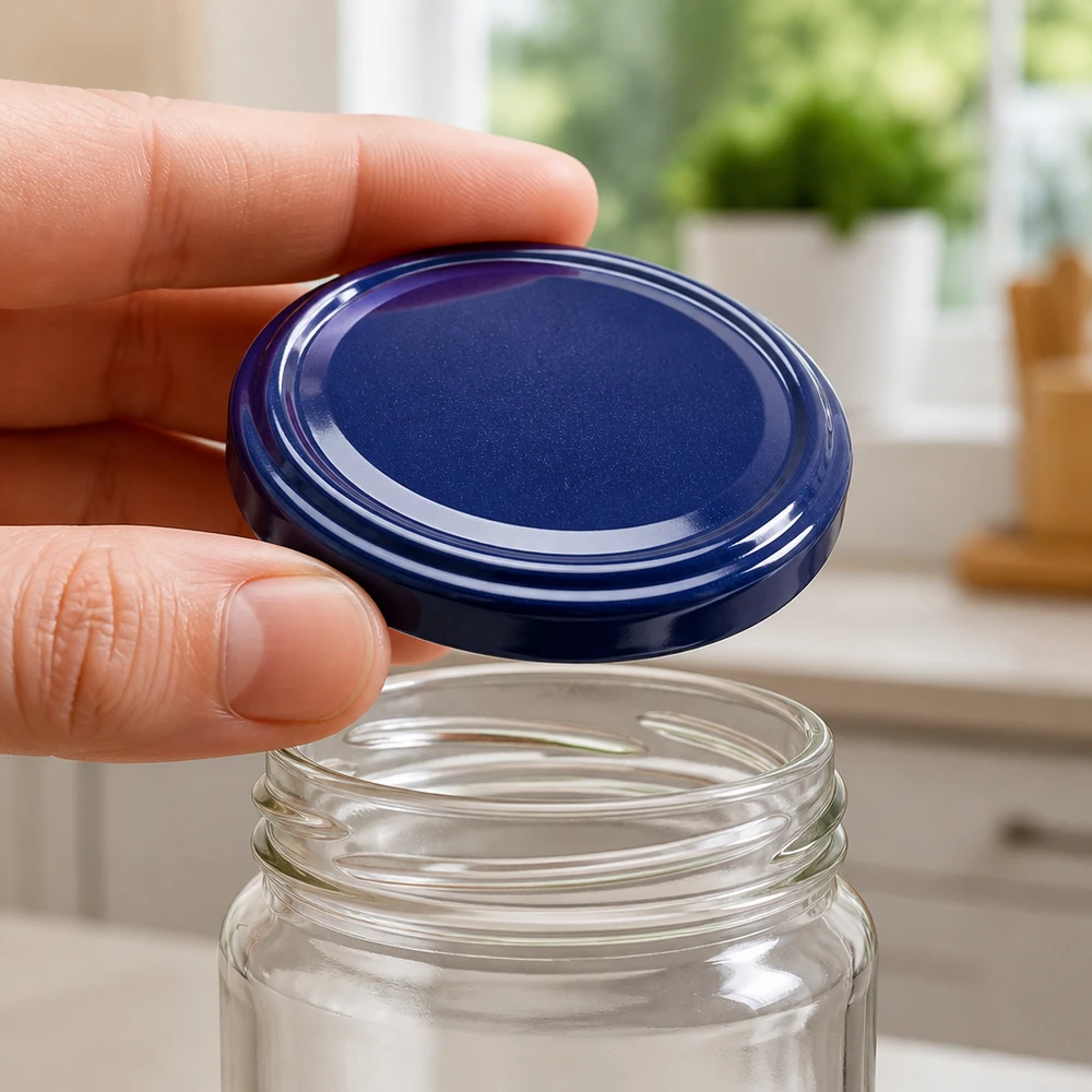 UNiTWIST BasicSeal-deksel TO82, glanzend blauw, bovenaanzicht van een leeg conservenpotje