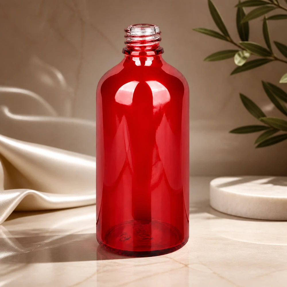 Stijlvolle rode apothekersfles RedLine 100ml verfraait de look van je badkamer en cosmeticacollectie