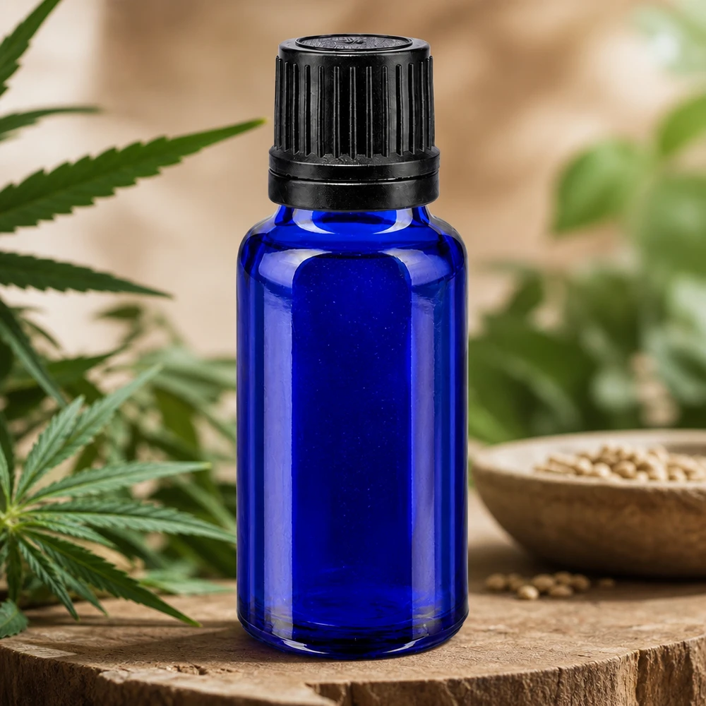 Blauwe glazen flessen 20ml met wit druppelsluiting 1mm VR Ondoorzichtige druppelfles van 20 ml in kobaltblauw met een nauwkeurig doseerinzetstuk van 1 mm voor oliën