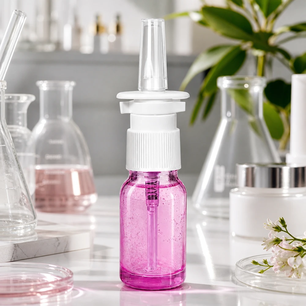 10ml neussprayfles wit/transparant standaard PurpleLine. UT18/10 Paars glazen sprayflesje van 10 ml met wit pompje voor neustoepassingen