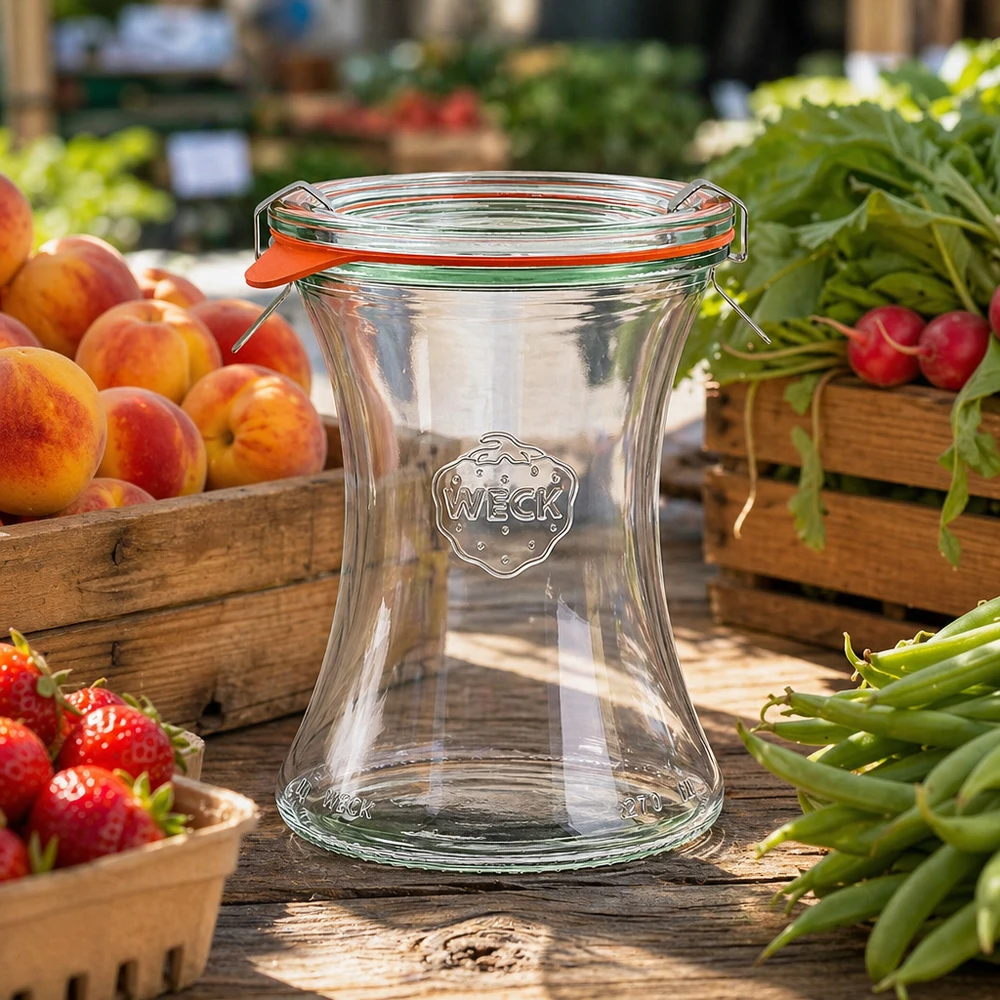WECK delicatessenpot 370ml RR80 op houten tafel met vers fruit groenten marktkraam sfeer natuurlijke presentatie