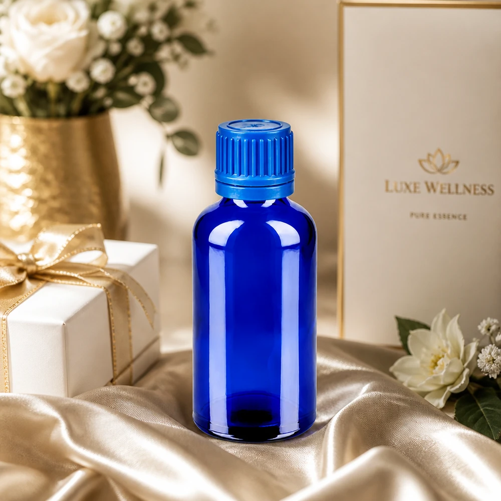 Robuuste glazen fles van 50 ml met mat oppervlak in blauw voor het veilig bewaren van vloeistoffen
