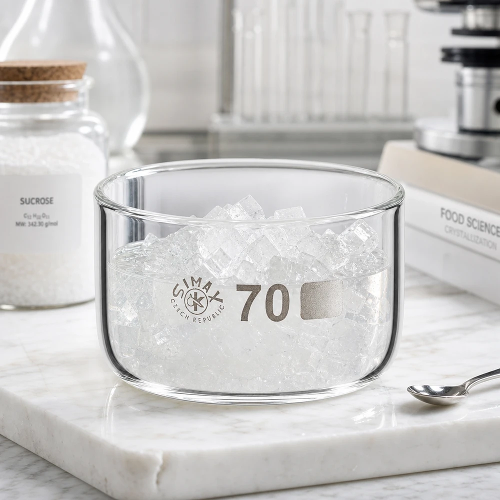 Kristalliseerschaal 100ml zonder schenktuit Laboratoriumkom zonder uitgietopening, 100 ml, met ruwe suikerkristallen op een witte marmeren plaat, met lepel