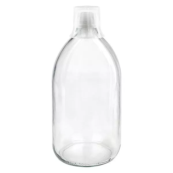1000 ml Euro-medicijnflessen helder met witte schroefsluiting en doseerbeker 30ml 1000 ml Euro-medicijnflessen helder met witte schroefsluiting en doseerbeker 30ml