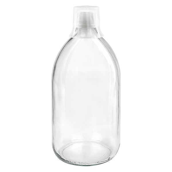 1000 ml Euro-medicijnflessen helder met witte schroefsluiting en doseerbeker 30ml 1000 ml Euro-medicijnflessen helder met witte schroefsluiting en doseerbeker 30ml