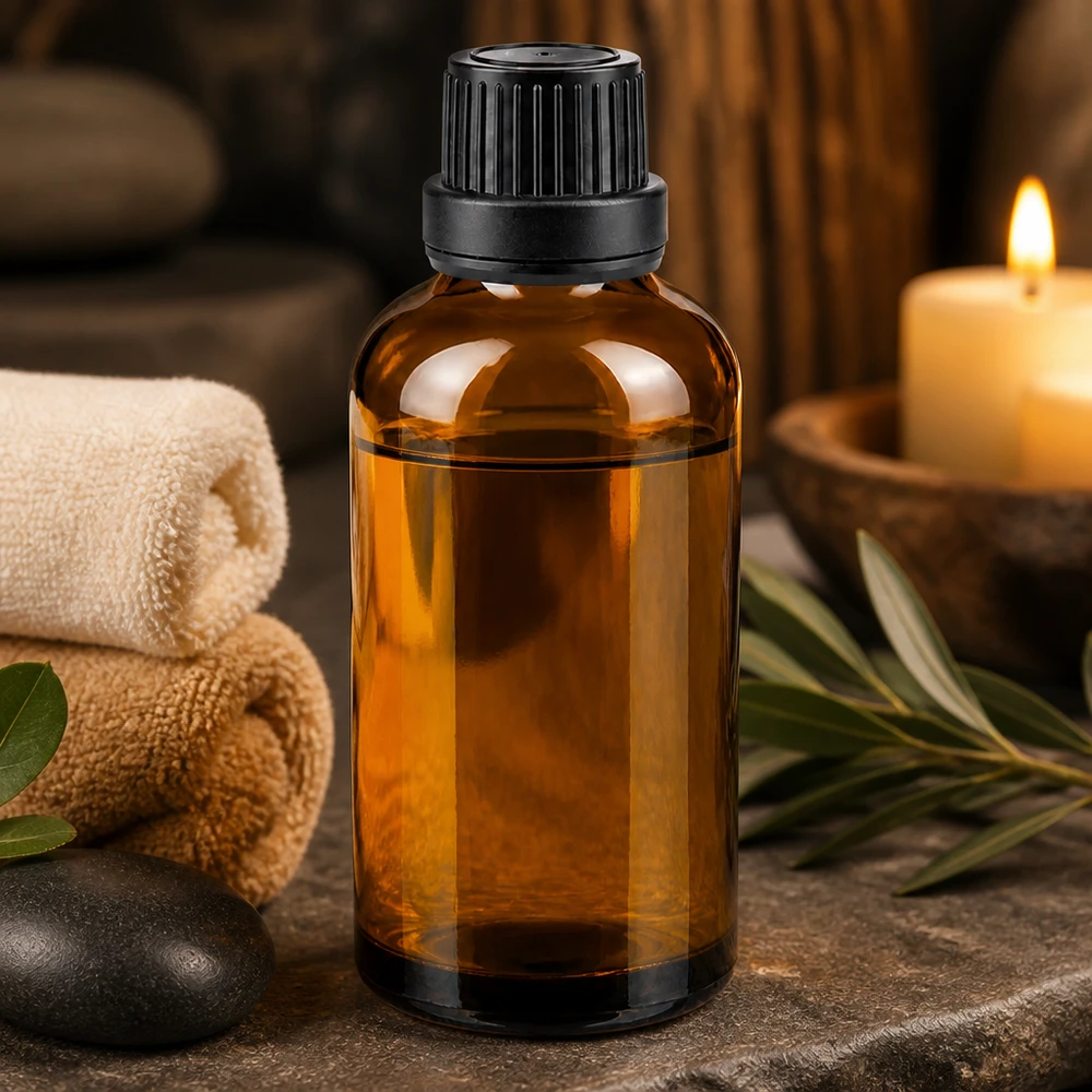 Bruine glazen fles 50ml met zwart schroefsluiting dicht. VR Apothekersflesje van 50 ml, gemaakt van UV-werend bruin glas met een kindveilige zwarte schroefdop
