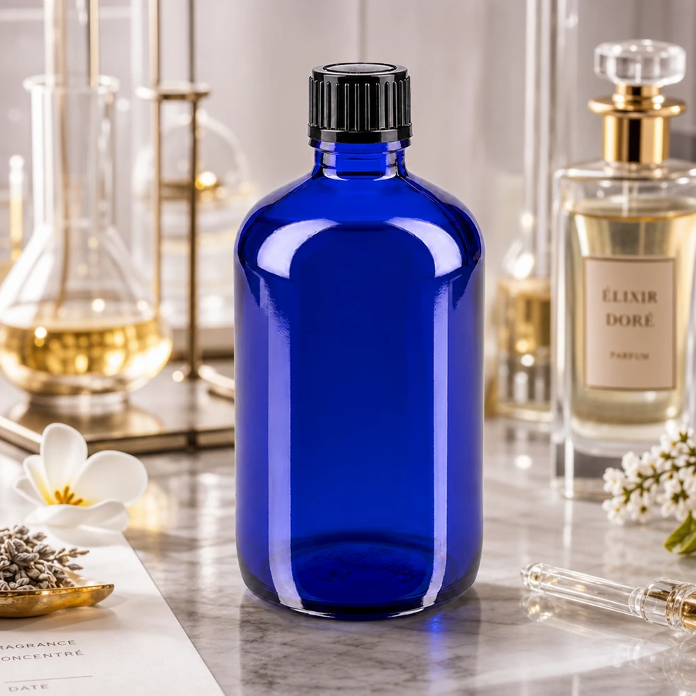 Blauwe glazen flessen 100ml met zwart schroefsluiting St Blauwe apothekersfles van 100 ml met kindveilige schroefdop voor etherische oliën
