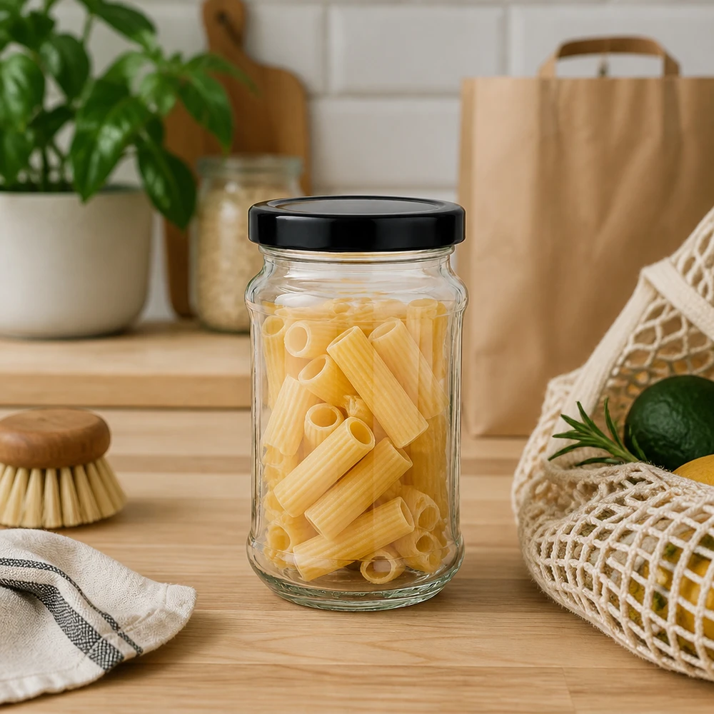 390 ml ronde pot met zwart BasicSeal deksel gevuld met pasta op houten werkblad - ideaal om pasta in te bewaren