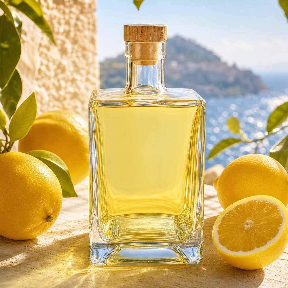 700 ml glazen fles Ben met houten kurk UNiTWIST® 700ml glazen fles Ben gevuld met gele likeur tussen citroenen in een mediterrane setting met kurkstop