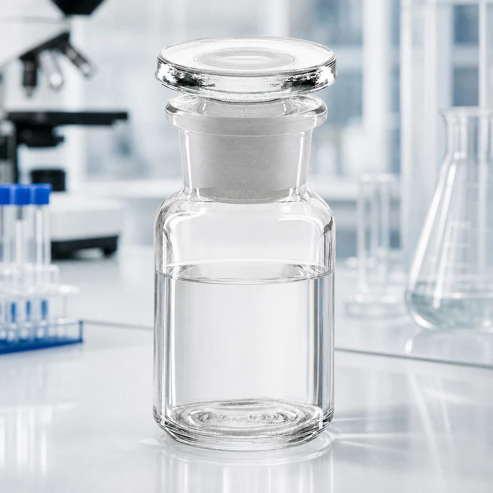 Kleine fles met ronde schouders van helder glas, 50 ml, met brede hals en glazen stop, voor reagentia