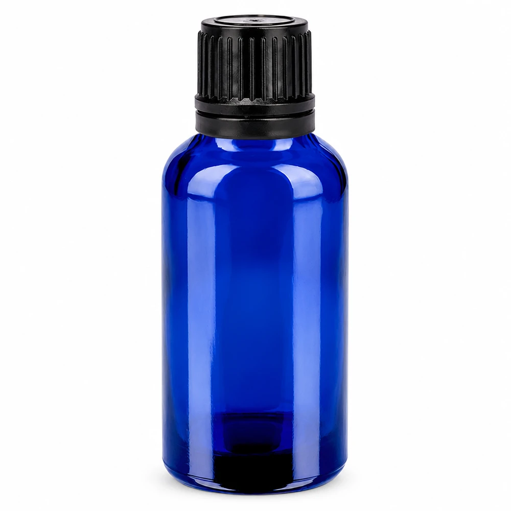30ml fles 11mm SV zwart OV BlueLine UT18/30 Compact glazen flesje van 30 ml in blauw met zwarte SV-dop voor serums en tincturen