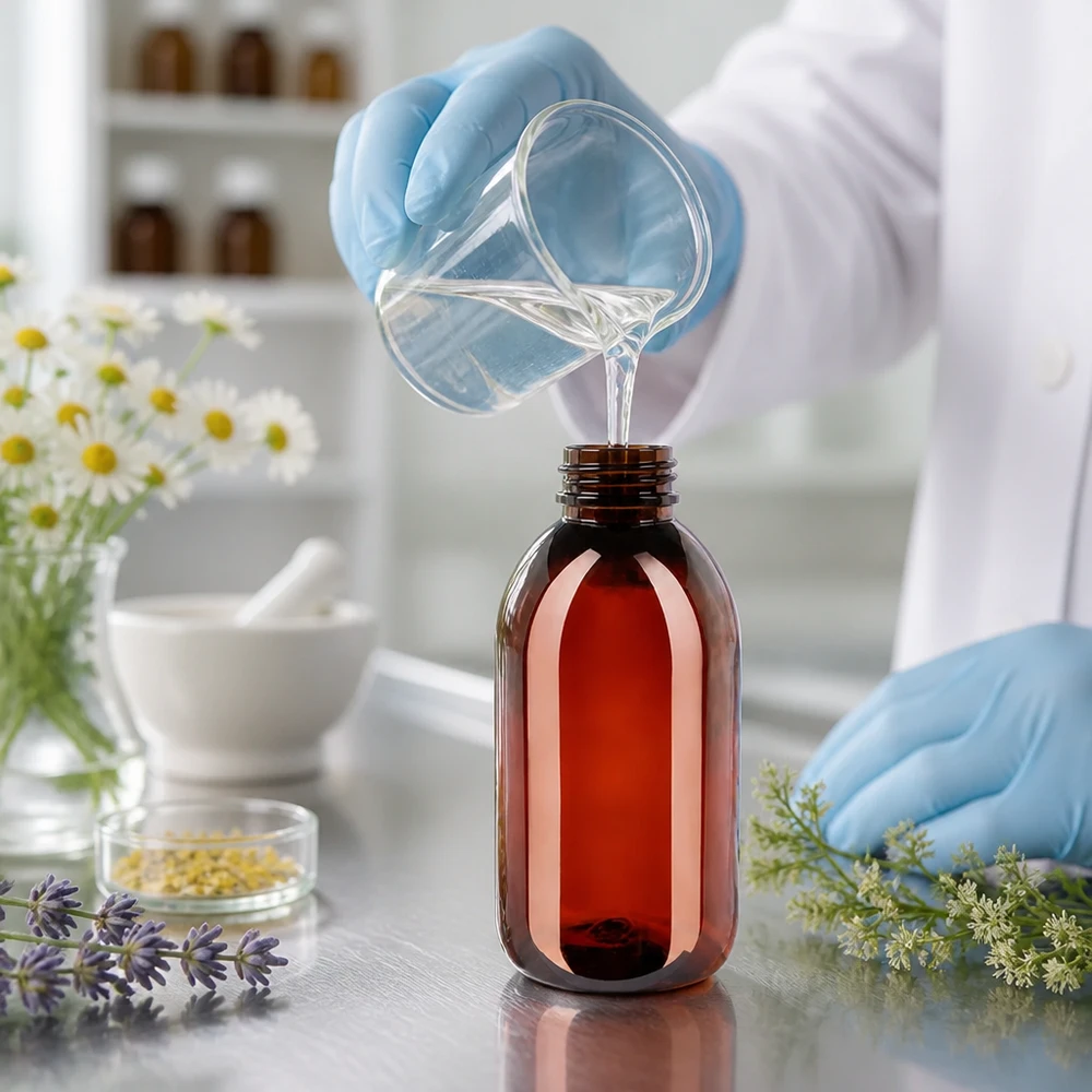 Bruine laboratoriumfles van 250 ml, gemaakt van breukvast PET-materiaal, met een groene verzegeling