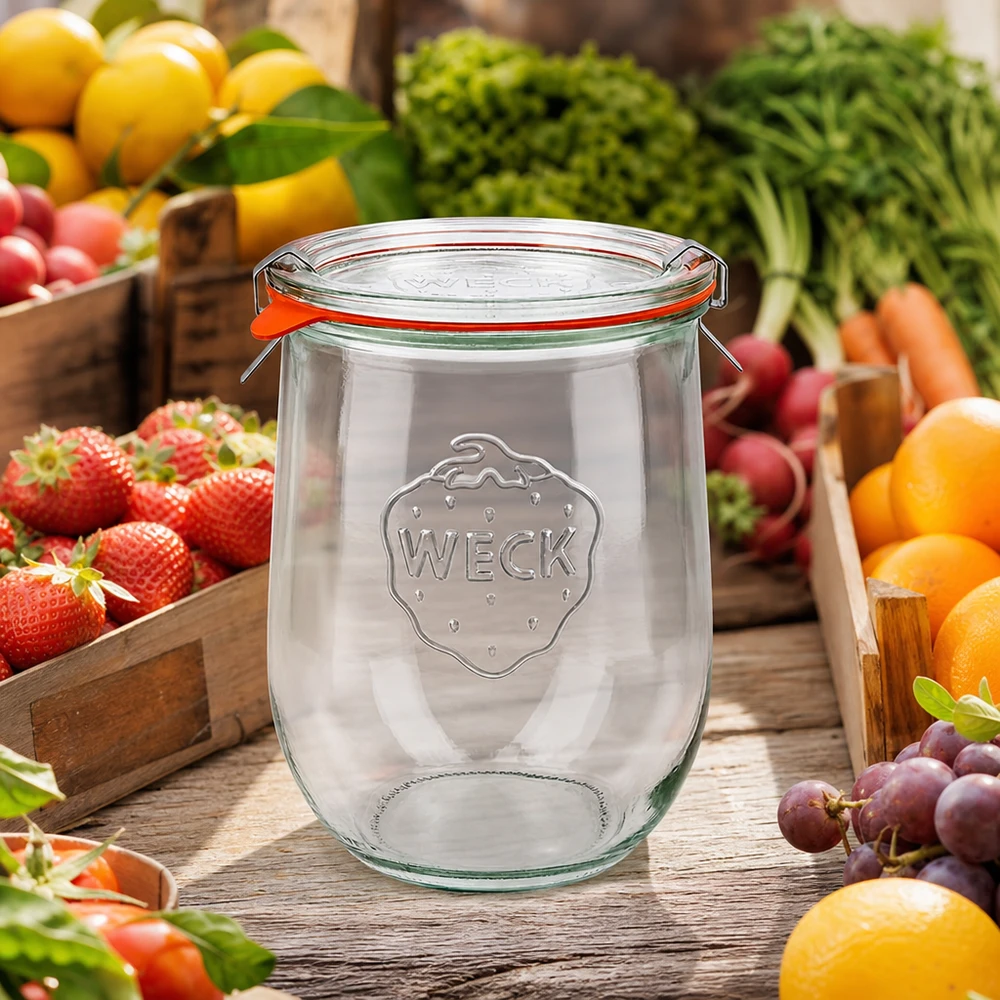 WECK tulpenpot 1062ml RR100 met swing top omringd door vers fruit en groenten op een houten tafel marktkraam