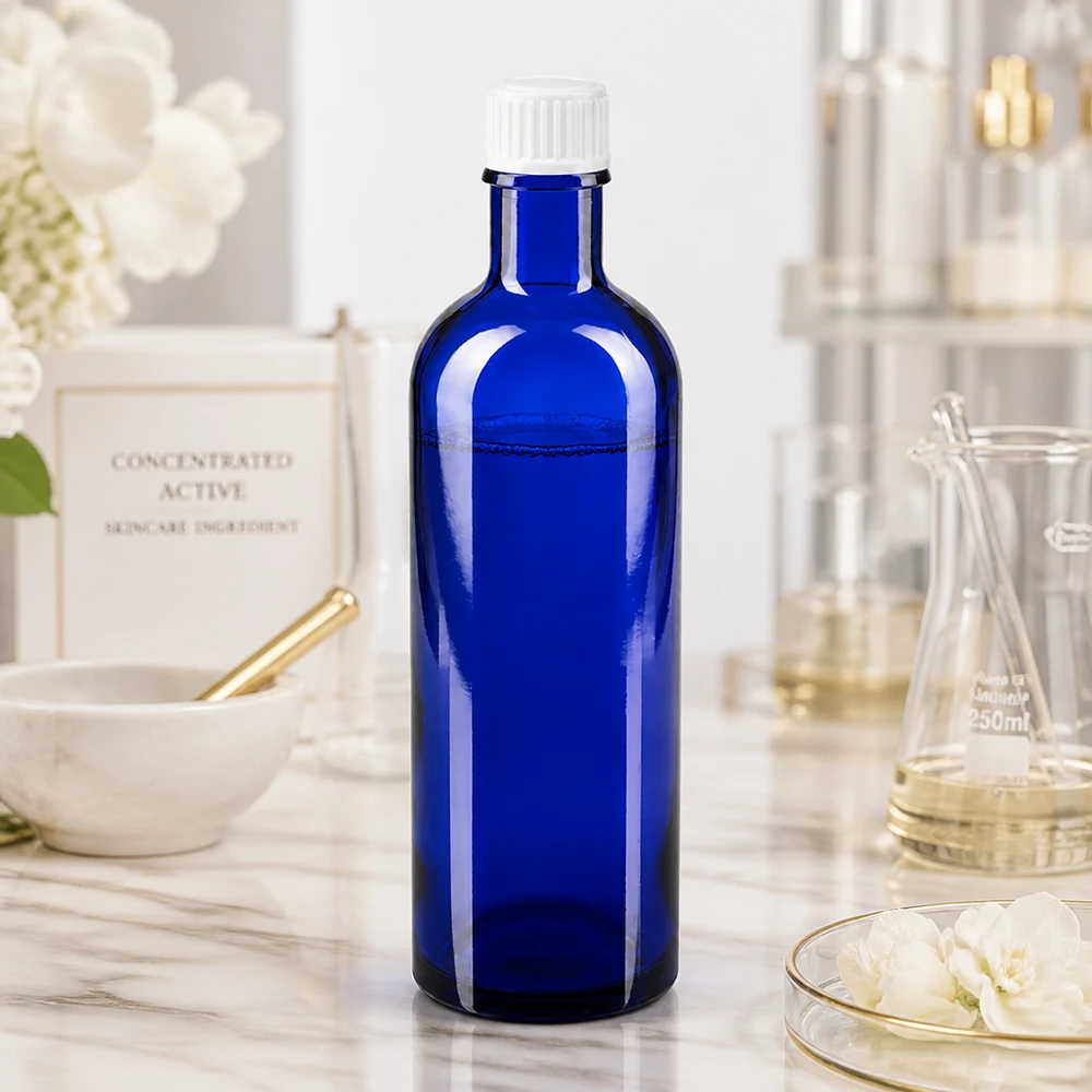 Donkerblauwe glazen medicijnfles van 200 ml met schroefdop voor laboratoriumtoepassingen