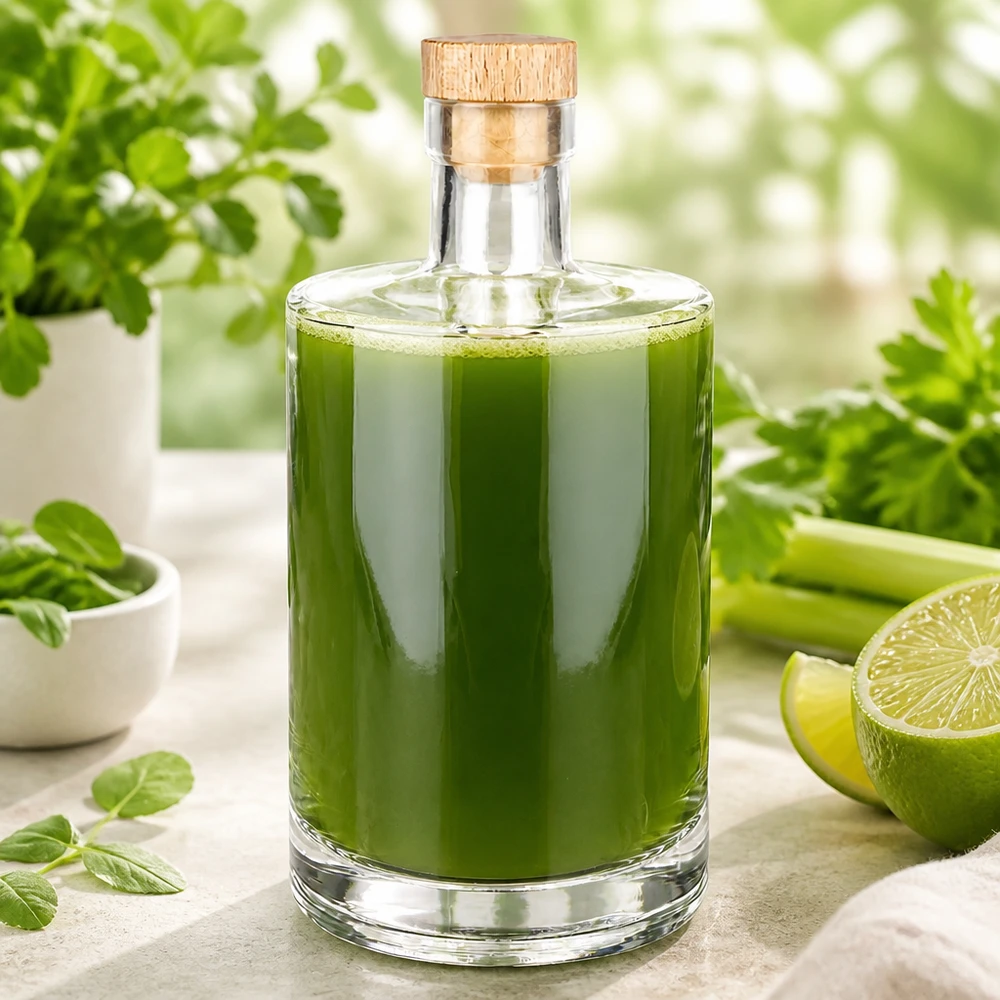 700 ml glazen fles Marie met houten handgreep UNiTWIST® 700ml Glasflasche Marie mit grünem Smoothie befüllt neben frischen Kräutern und Limetten in heller Küche