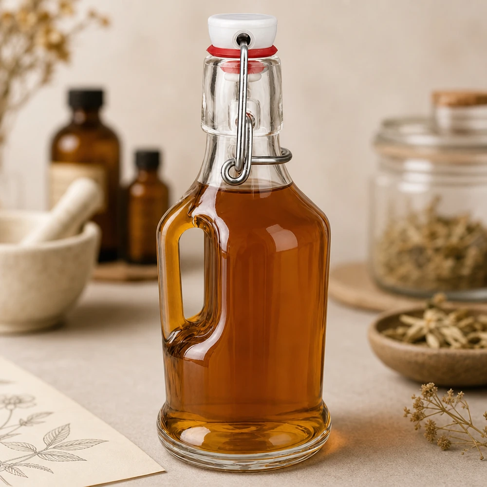 Glazen fles Bertha 200ml amberkleurig gevuld, natuurlijk keukentafereel met kruiden en specerijen, UNiTWIST dop
