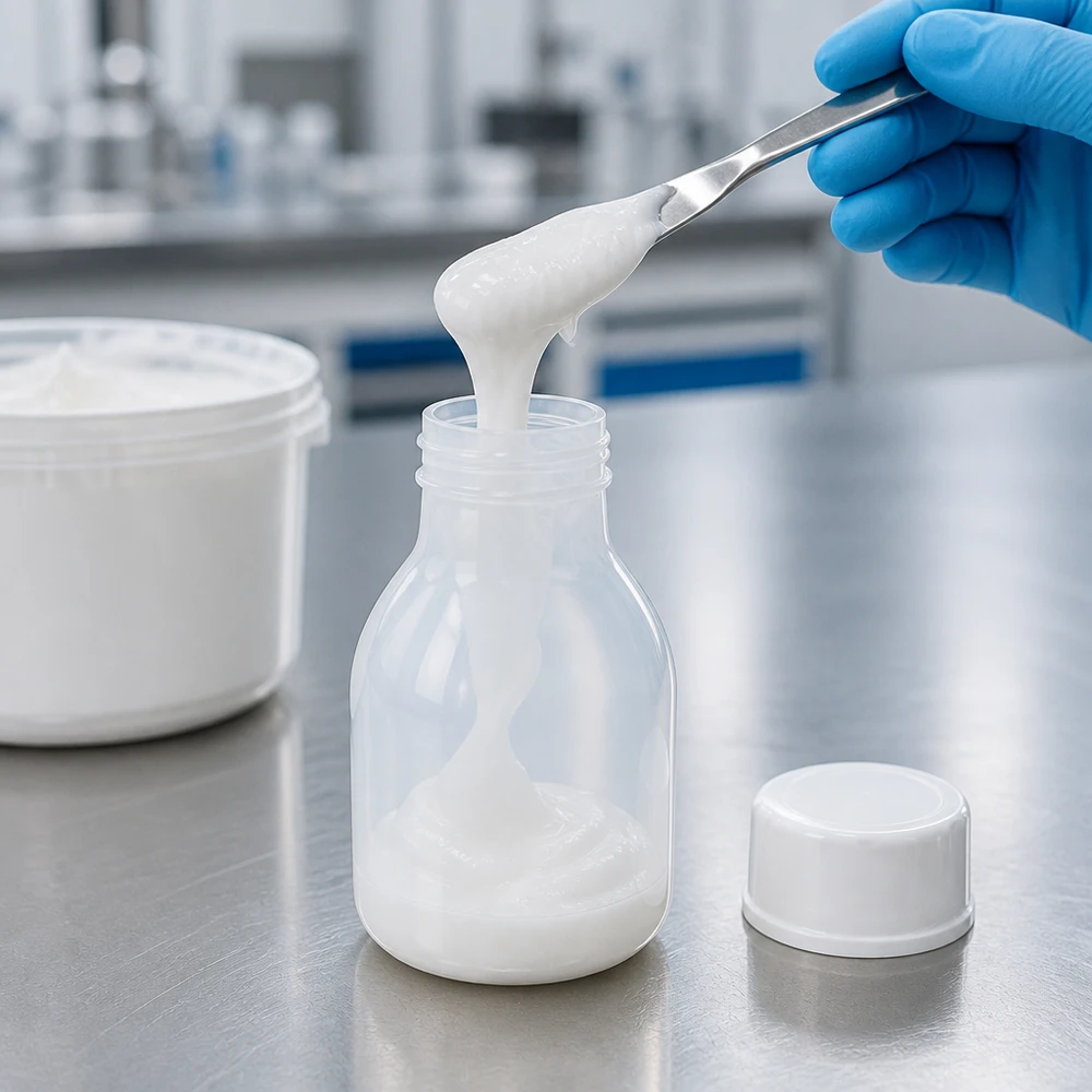 Nauwe hals laboratoriumfles 20ml met schroefsluiting Het vullen van een doorzichtige PE-schroeffles van 20 ml met smalle hals met witte pasta in het gespecialiseerde laboratorium