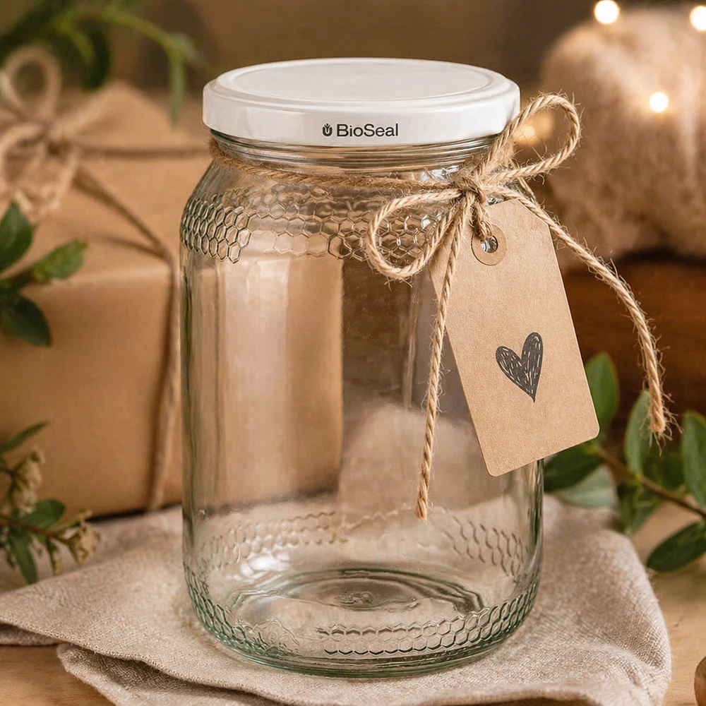 900 ml honingpot met BioSeal deksel en jute koord als geschenkverpakking op linnen doek met kraft papieren label