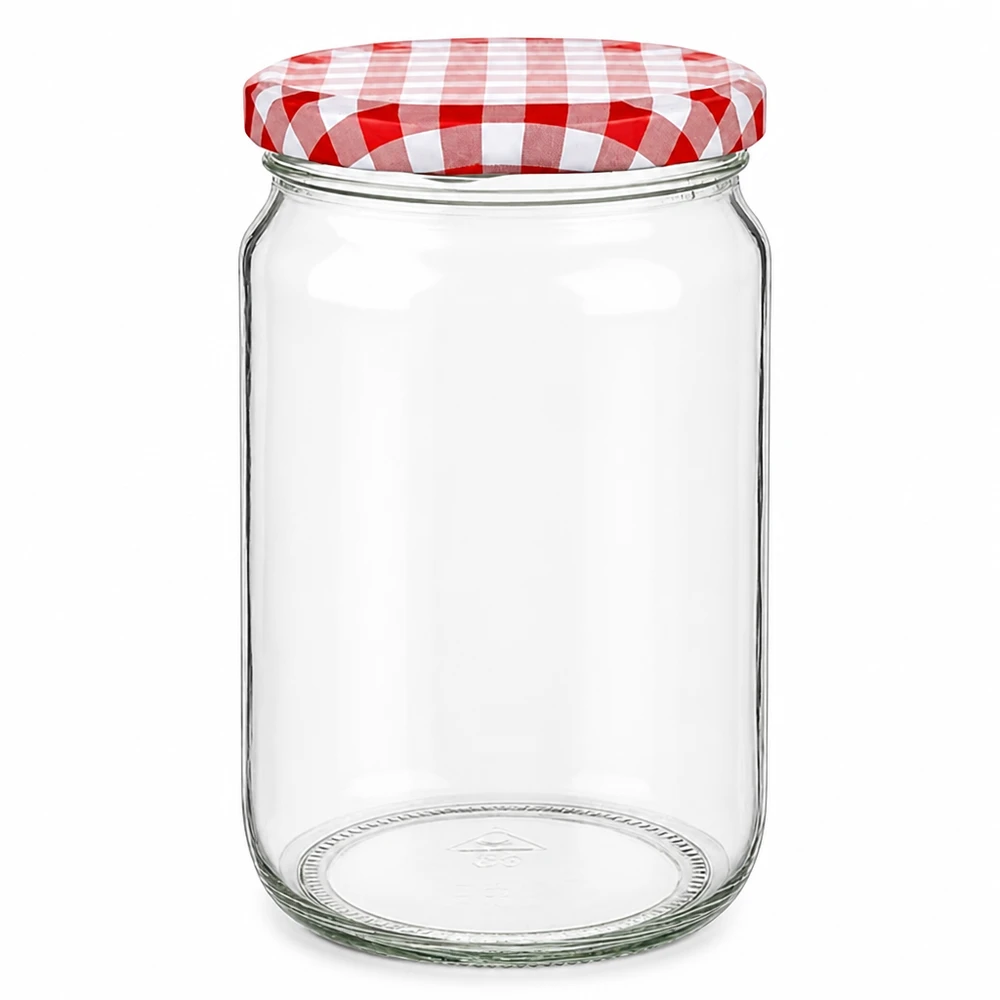 795 ml ronde pot met rood en wit geblokt BasicSeal deksel, lege inmaakpot voor inmaken en bewaren