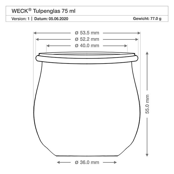 75ml tulpenglas WECK RR40 met kurk Technische tekening WECK tulpenpot 75ml RR40 met afmetingen Diameter Hoogte Gewicht Productspecificatie