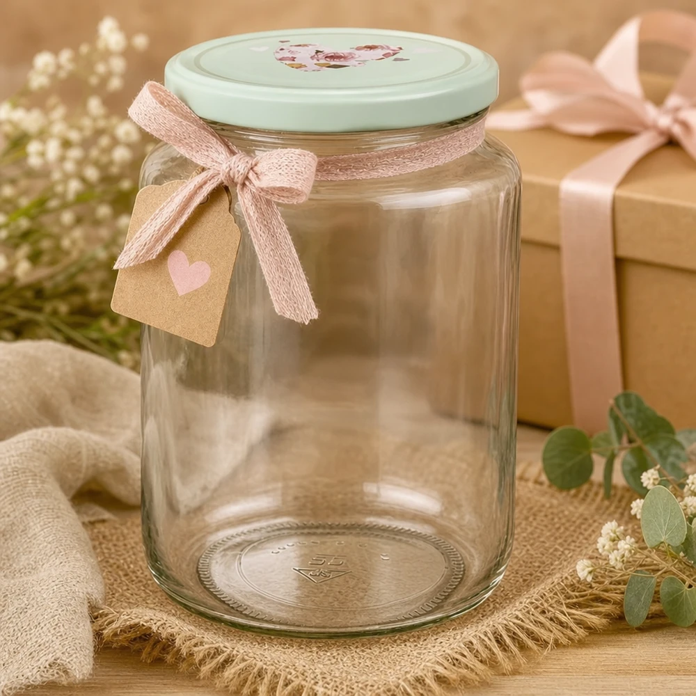 795 ml ronde pot met mint BasicSeal hartvormig deksel versierd met een roze strik en cadeaulabel als cadeautip