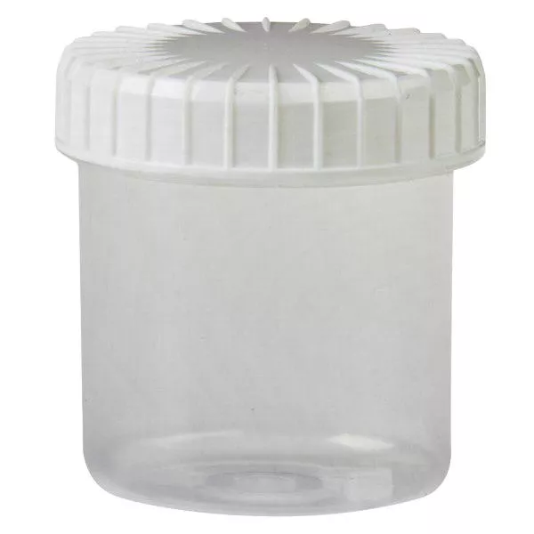 Kunststof pot 75ml transparant met geribbeld wit schroefdeksel van PE, type sluiting standaard
