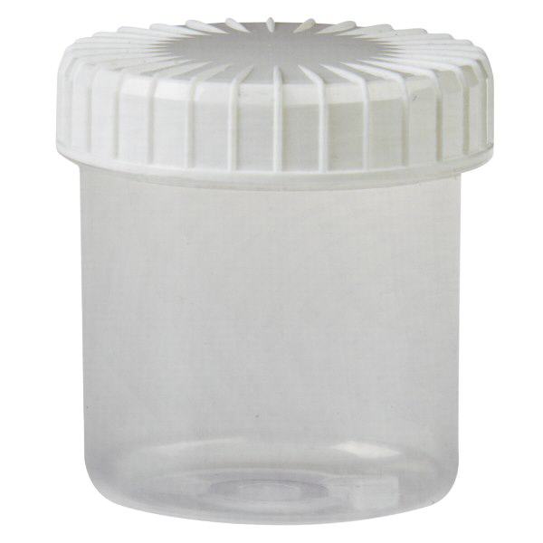 Kunststof pot 75ml transparant met geribbeld wit schroefdeksel van PE, type sluiting standaard Kunststof pot 75ml transparant met geribbeld wit schroefdeksel van PE, type sluiting standaard