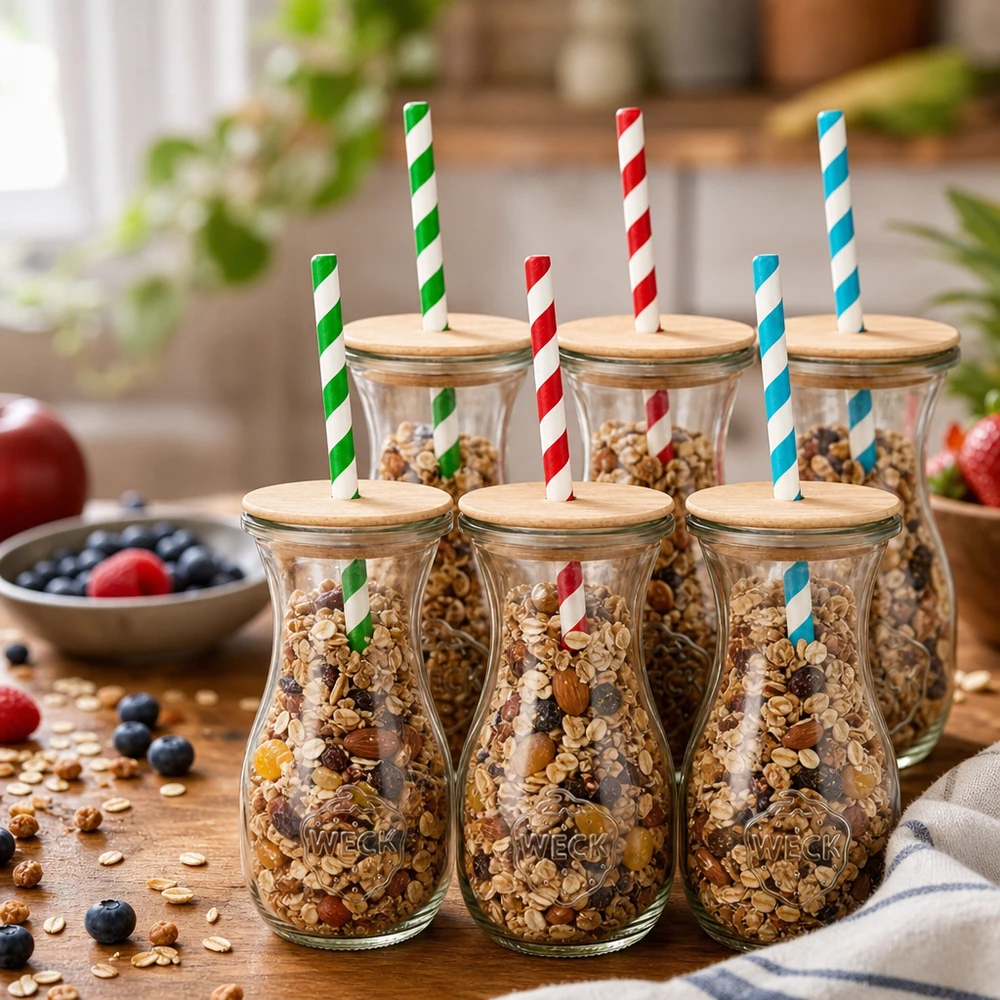 WECK sapflessen 290ml gevuld met muesli noten als voorraadpotten houten deksels kleurrijke papieren rietjes keuken decoratie