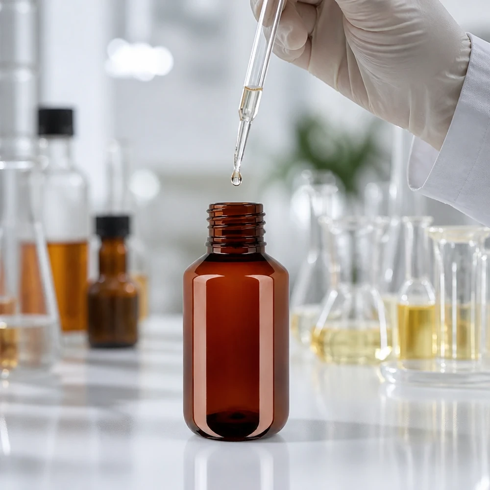 Een laboratoriummedewerker vult een bruine plastic fles van 100 ml met een doorzichtige vloeistof