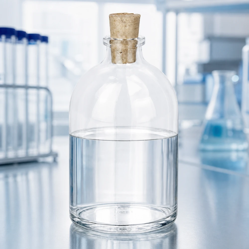 Injectiefles helder glas 100ml met kurk 11/14mm Handliche Glasflasche 100ml Korkverschluss auf Edelstahloberfläche in professioneller Laborumgebung