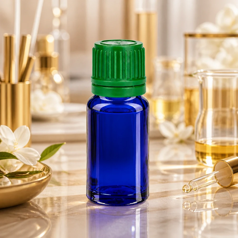 10ml flesje 11mm SV groen OV BlueLine UT18/10 10ml kobaltblauw glazen flesje met groene dop, ideaal voor doe-het-zelf cosmetica en mengsels