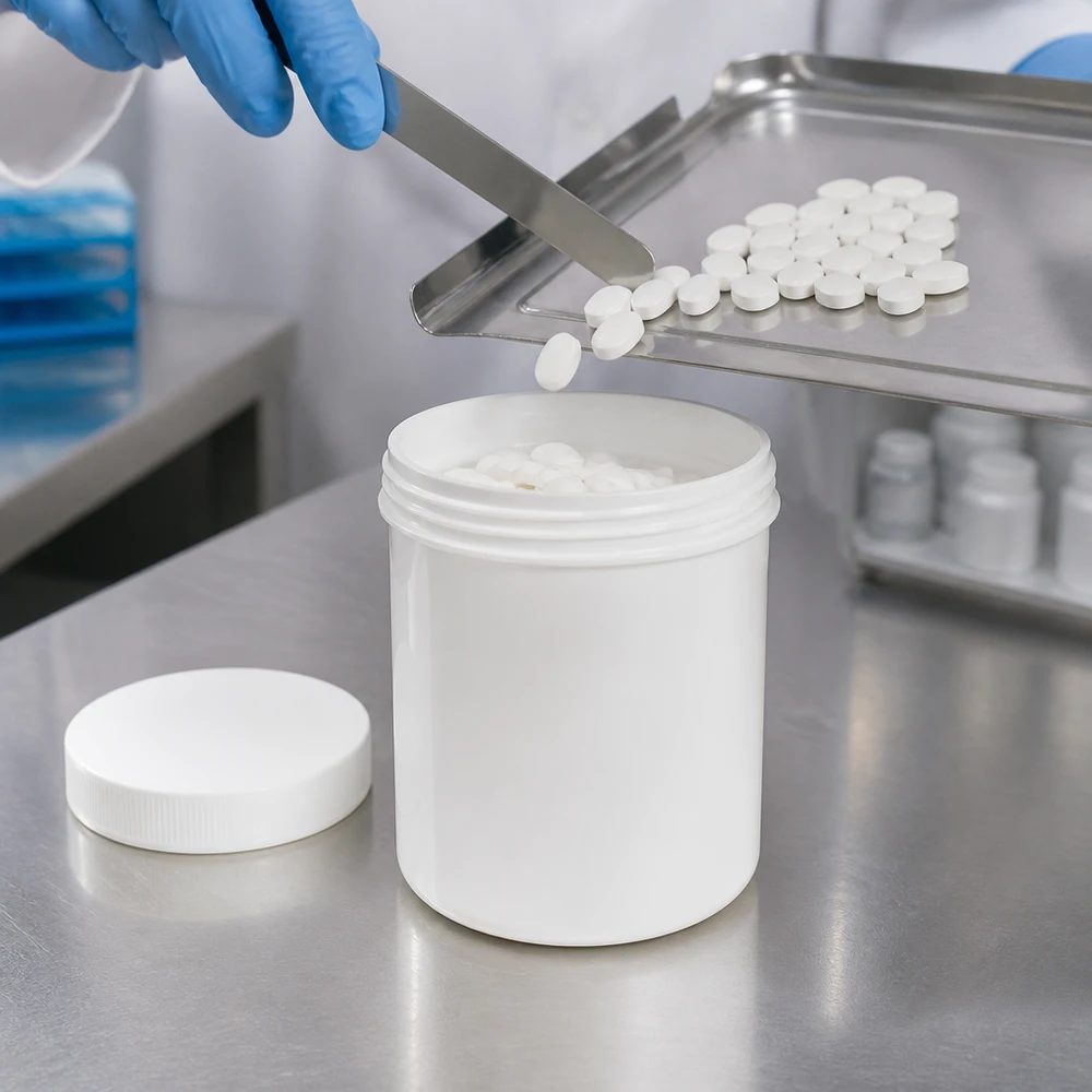 Zalfpot 200 g wit met schroefdeksel wit (PP) Witte PP-ronde pot van 200 g met brede schroefdop op een roestvrijstalen tafel in de farmaceutische productie