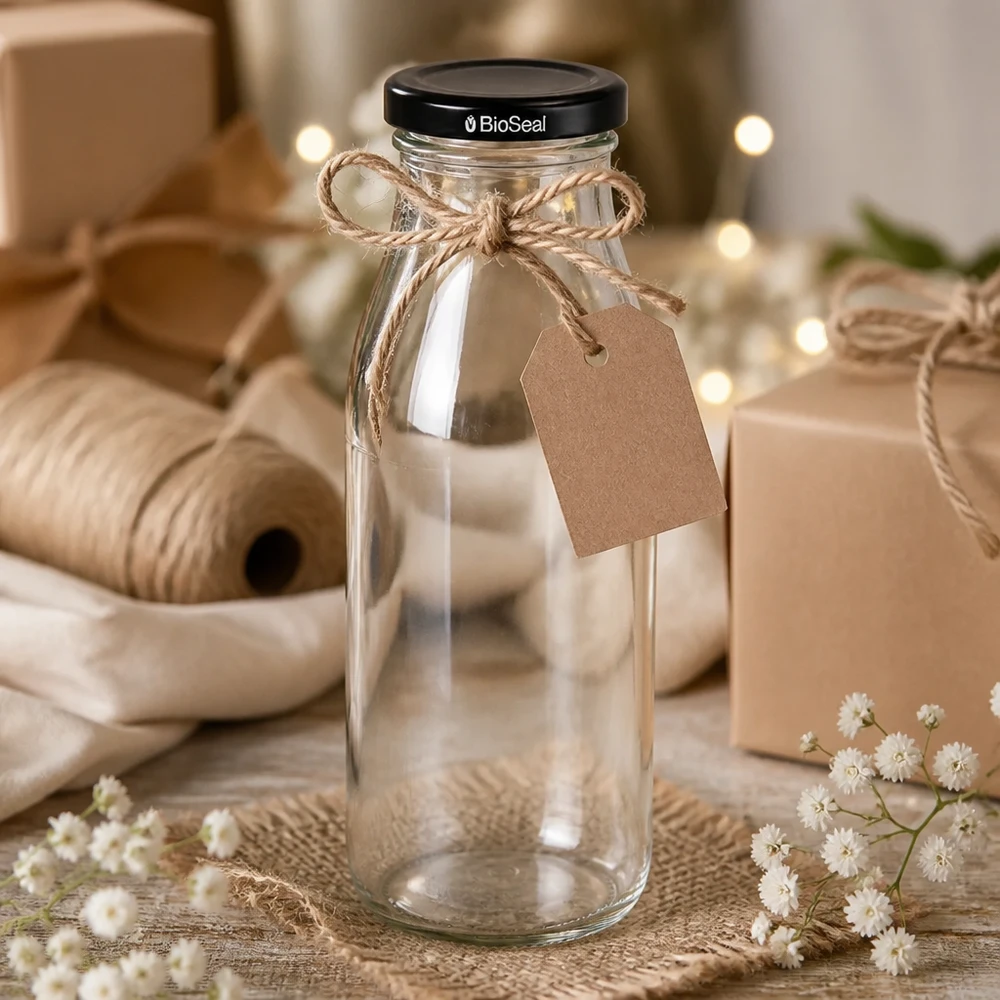 Glazen fles van 500 ml versierd met jute koord en cadeaulabel als cadeau-idee naast knutselmaterialen