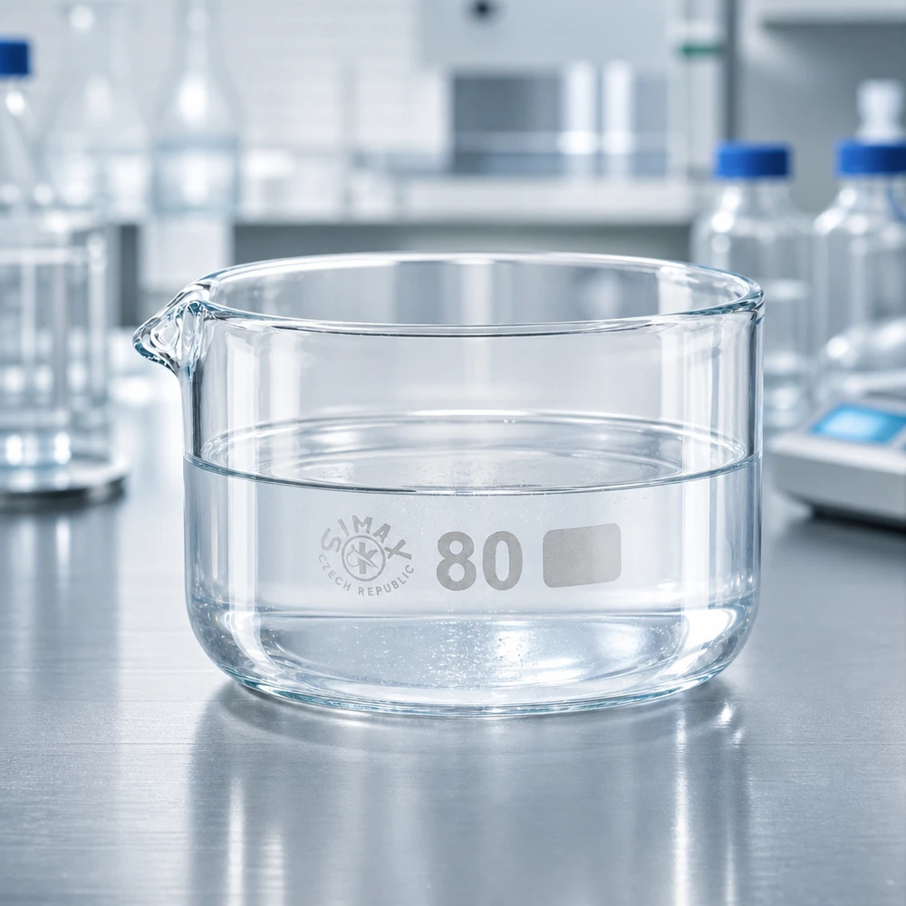 Kristallisatieschaal van borosilicaatglas van 150 ml, half gevuld met gedestilleerd water in een laboratoriumomgeving
