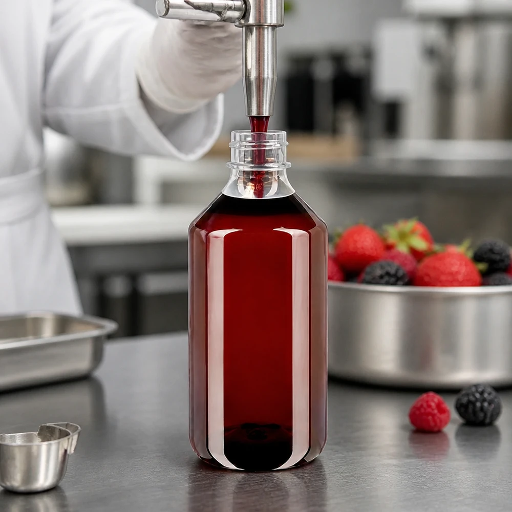 PET fles 750ml met witte verzegelstop + beker Avrikozensap, verpakt in een doorzichtige bruine PET-fles van 750 ml met maatbeker