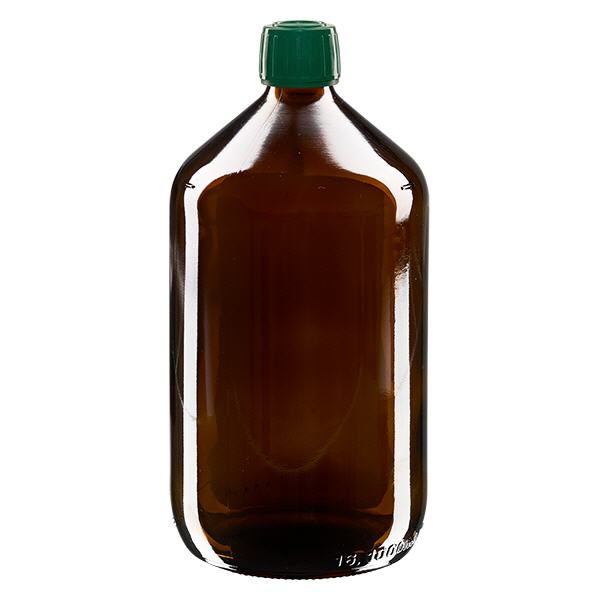 1000ml Euro-medicijnfles bruin met groene schroefsluiting VR 1000ml Euro-medicijnfles bruin met groene schroefsluiting VR