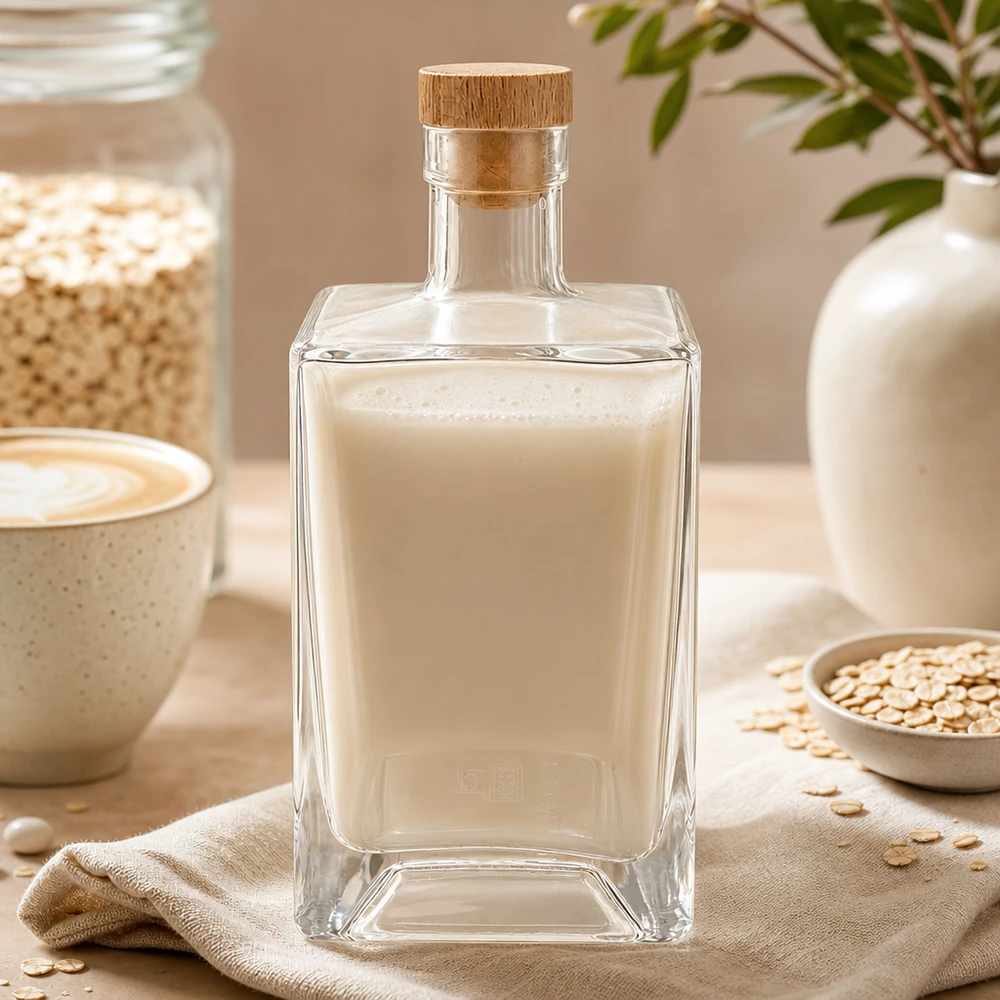 700ml glazen fles Ben gevuld met havermelk naast havervlokken en koffiekopje natuurlijk keukendecor UNiTWIST