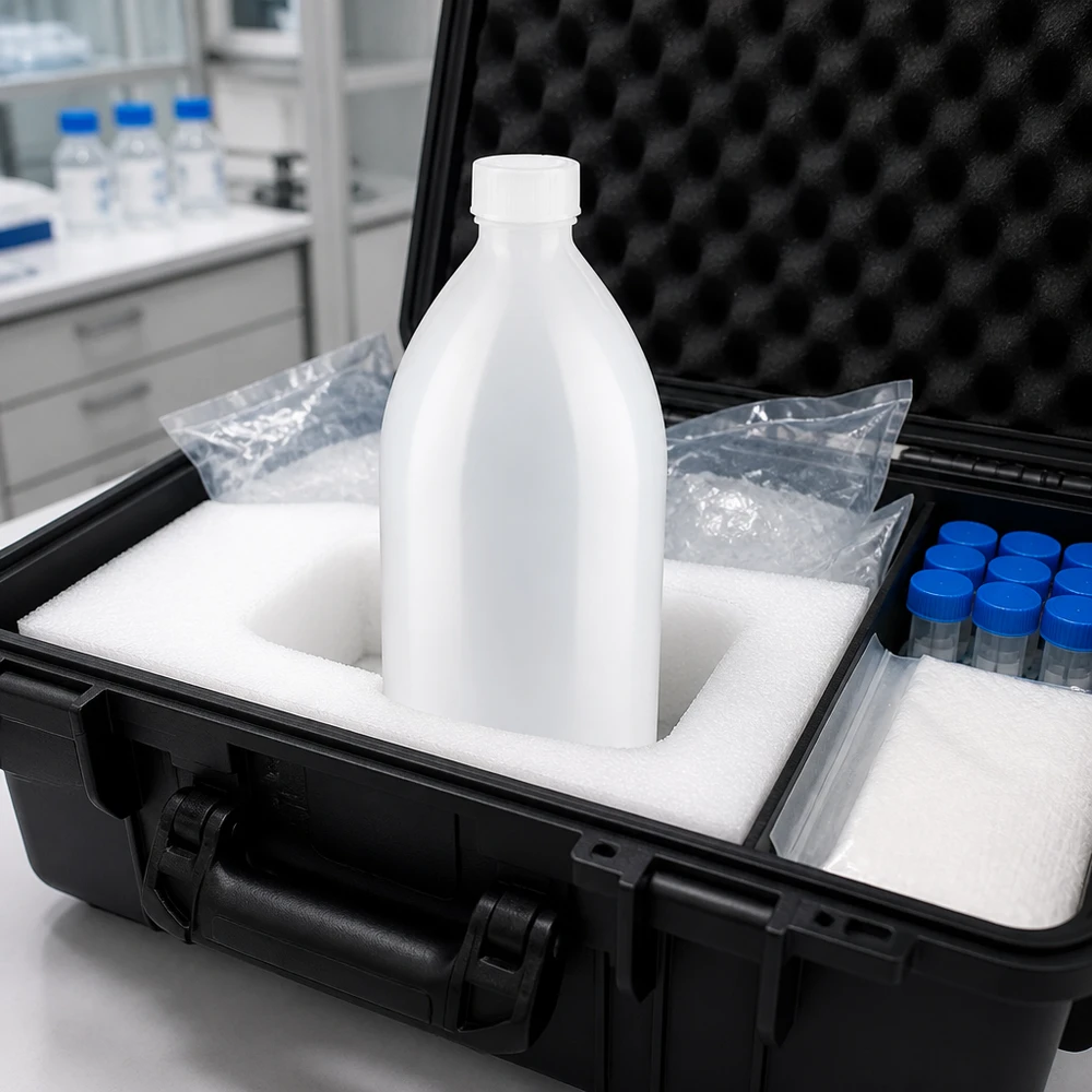Nauwe hals laboratoriumfles 1000ml met schroefsluiting Probenahmekoffer mit 1000ml Enghals Schraubflasche und Probengefäßen für Außeneinsatz