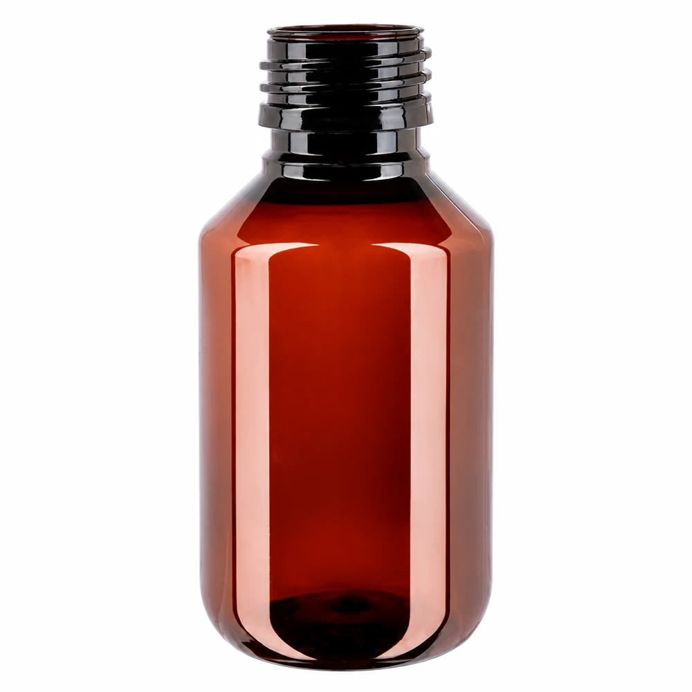 Kleine amberkleurige PET-plastic fles van 100 ml, lichtbeschermd, met PP28-schroefdraad