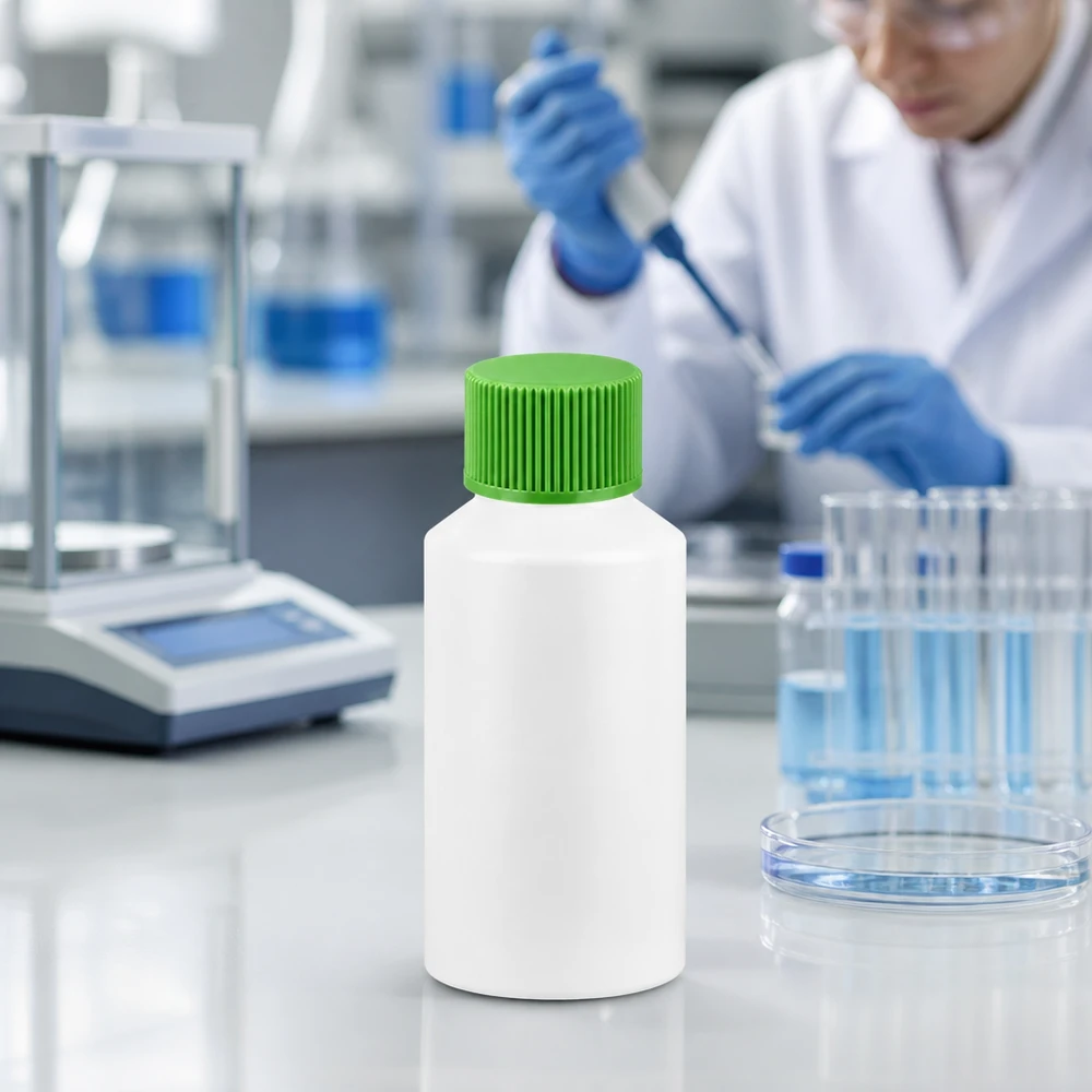 Lege apotheekfles van HDPE, wit, 50 ml, met groene schroefdop; laboratoriumweegschaal op de achtergrond