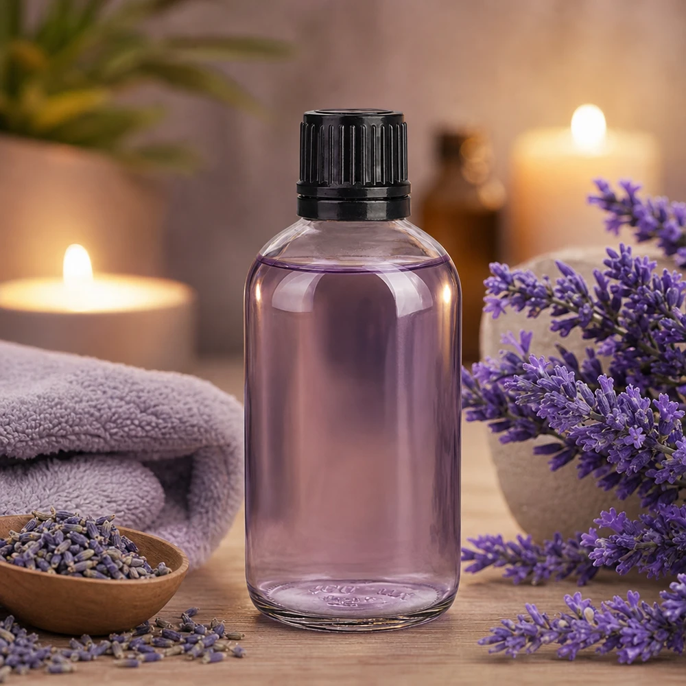 100ml (Globul)Flas. 8mm GR s. STD ClearL. UT18/100 Lavendel etherische olie in een doorzichtige glazen fles van 100 ml met een kindveilige zwarte dop